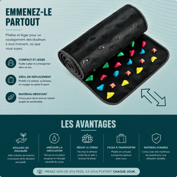 Tapis d'acupression enroulé, compact et facile à emporter