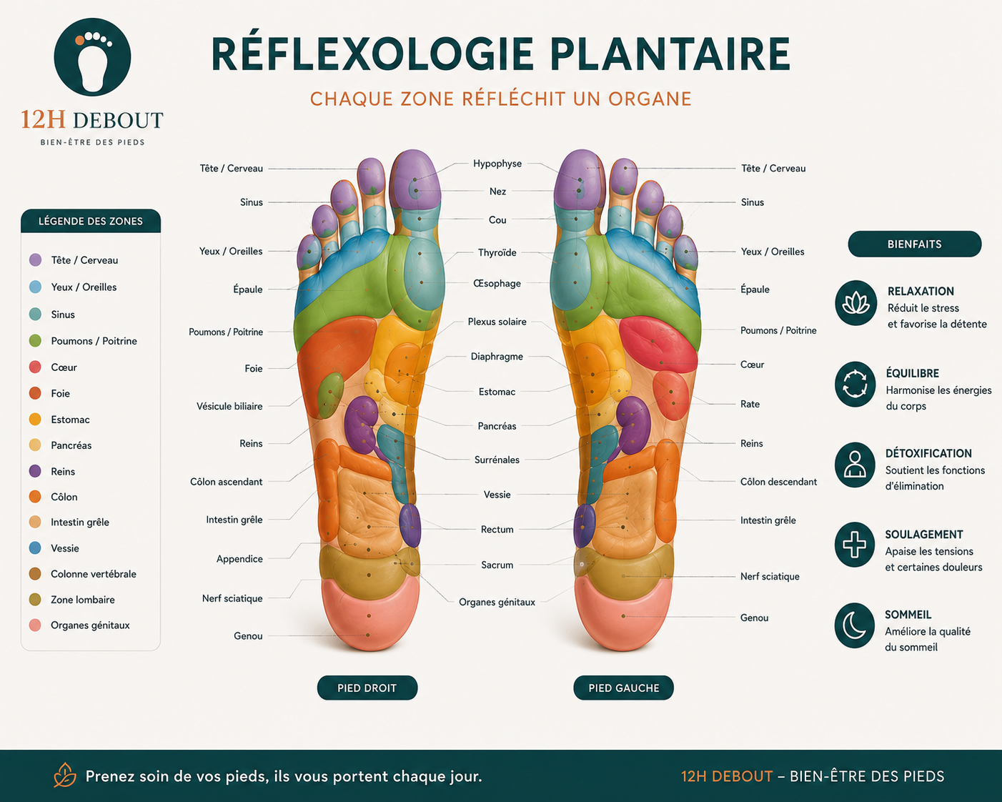 Schéma de réflexologie plantaire : les zones réflexes de la voûte du pied et les organes correspondants