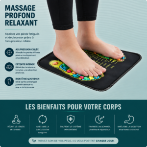 Pieds nus sur le tapis d’acupression 12H DEBOUT Pieds nus posés sur le tapis d'acupression pour un massage profond
